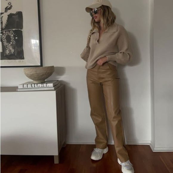 NEW ZARA Light Brown Faux Leather High Rise Slim Fit Flare Leg Pants w/ Slit - Picture 5 of 16